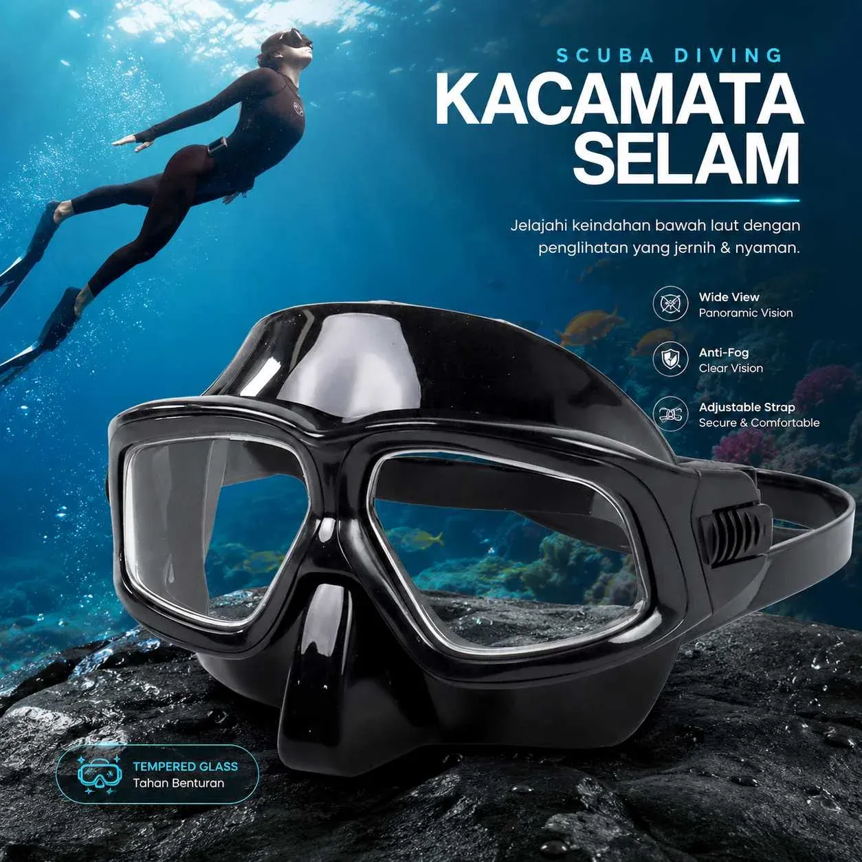 QYQ Kacamata Selam Tempered Glass Anti Fog Diving Mask - 180